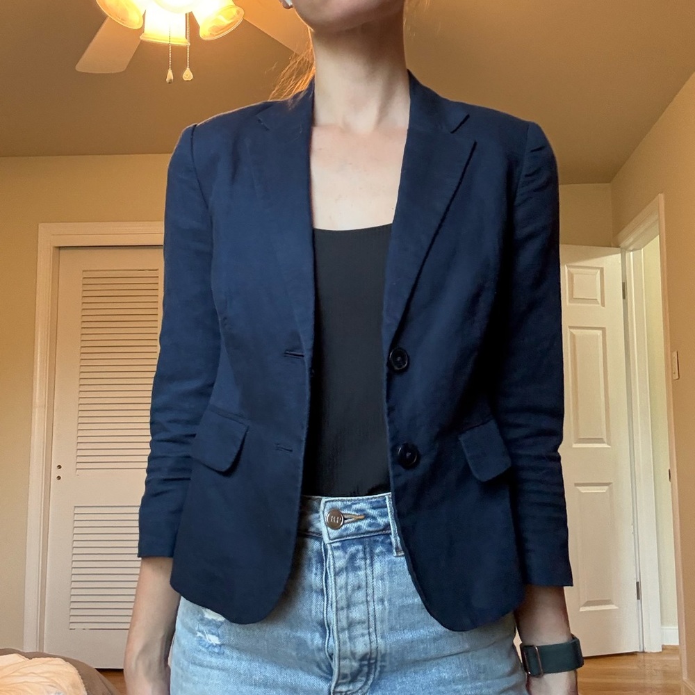 Banana Republic Navy Shrunken Linen Blazer